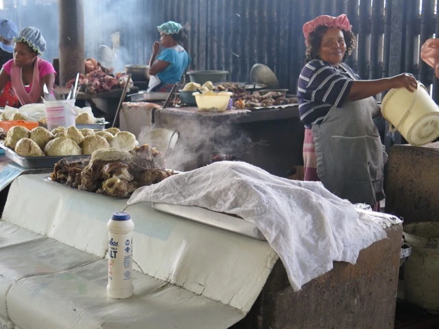 Steaming dumplings and meat.